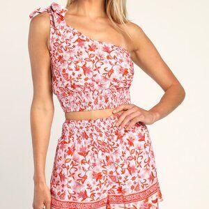 NWT Lulus Just Believe Pink Multi Print One-shoulder 2-piece Shorts Set - XS